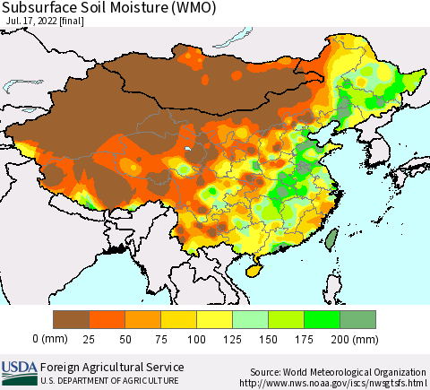 China, Mongolia and Taiwan Subsurface Soil Moisture (WMO) Thematic Map For 7/11/2022 - 7/17/2022