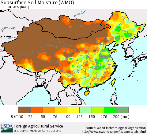 China, Mongolia and Taiwan Subsurface Soil Moisture (WMO) Thematic Map For 7/18/2022 - 7/24/2022