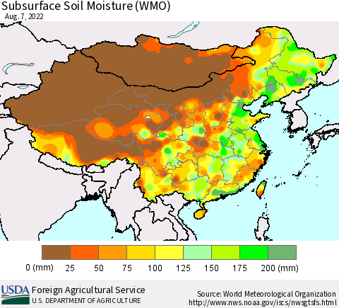 China, Mongolia and Taiwan Subsurface Soil Moisture (WMO) Thematic Map For 8/1/2022 - 8/7/2022