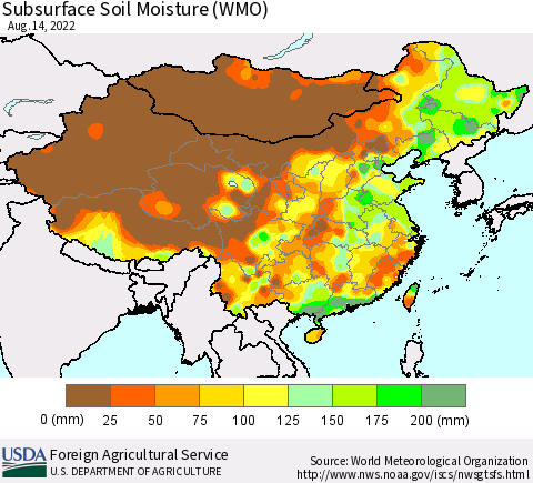 China, Mongolia and Taiwan Subsurface Soil Moisture (WMO) Thematic Map For 8/8/2022 - 8/14/2022