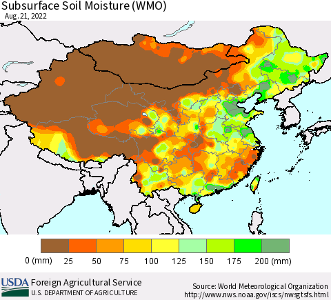 China, Mongolia and Taiwan Subsurface Soil Moisture (WMO) Thematic Map For 8/15/2022 - 8/21/2022