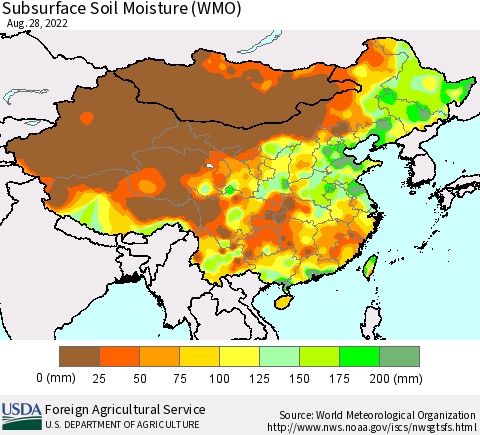 China, Mongolia and Taiwan Subsurface Soil Moisture (WMO) Thematic Map For 8/22/2022 - 8/28/2022