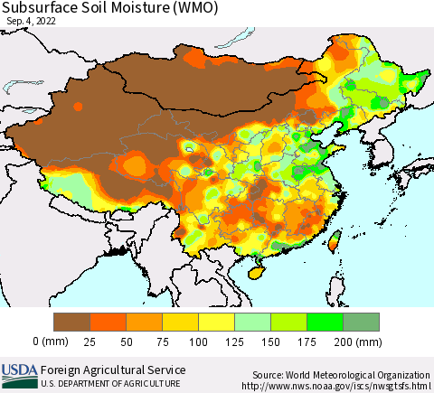 China, Mongolia and Taiwan Subsurface Soil Moisture (WMO) Thematic Map For 8/29/2022 - 9/4/2022