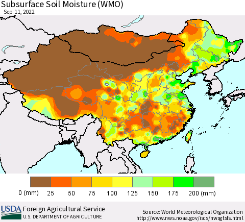 China, Mongolia and Taiwan Subsurface Soil Moisture (WMO) Thematic Map For 9/5/2022 - 9/11/2022