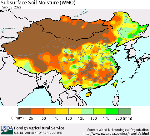 China, Mongolia and Taiwan Subsurface Soil Moisture (WMO) Thematic Map For 9/12/2022 - 9/18/2022