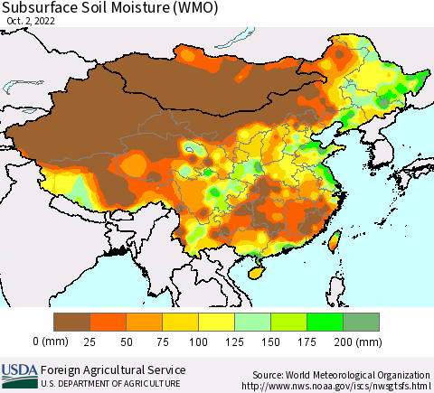 China, Mongolia and Taiwan Subsurface Soil Moisture (WMO) Thematic Map For 9/26/2022 - 10/2/2022