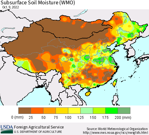 China, Mongolia and Taiwan Subsurface Soil Moisture (WMO) Thematic Map For 10/3/2022 - 10/9/2022