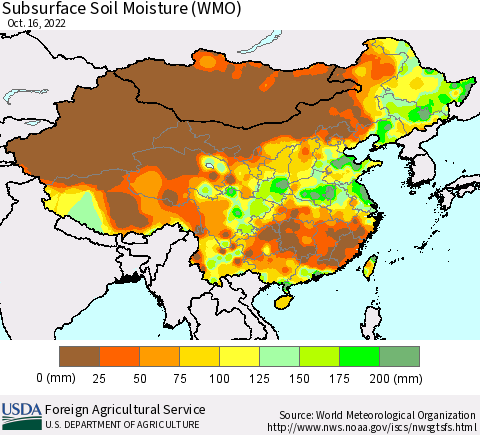 China, Mongolia and Taiwan Subsurface Soil Moisture (WMO) Thematic Map For 10/10/2022 - 10/16/2022