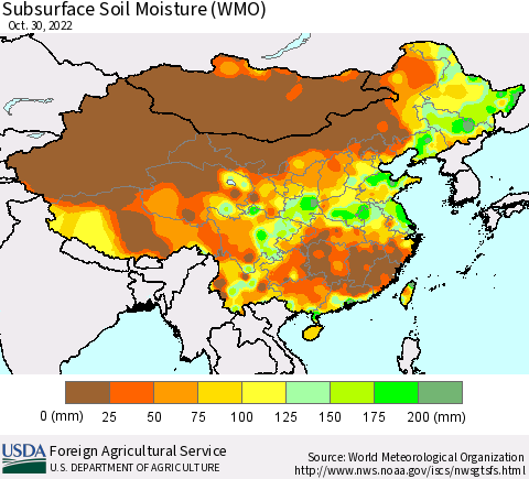 China, Mongolia and Taiwan Subsurface Soil Moisture (WMO) Thematic Map For 10/24/2022 - 10/30/2022