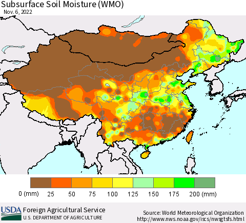 China, Mongolia and Taiwan Subsurface Soil Moisture (WMO) Thematic Map For 10/31/2022 - 11/6/2022