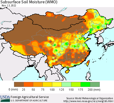 China, Mongolia and Taiwan Subsurface Soil Moisture (WMO) Thematic Map For 11/7/2022 - 11/13/2022