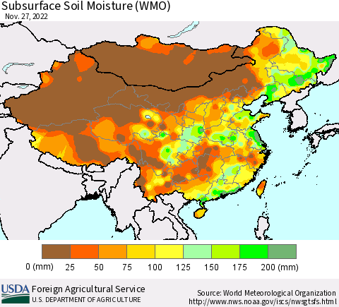 China, Mongolia and Taiwan Subsurface Soil Moisture (WMO) Thematic Map For 11/21/2022 - 11/27/2022