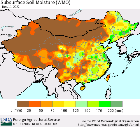China, Mongolia and Taiwan Subsurface Soil Moisture (WMO) Thematic Map For 12/5/2022 - 12/11/2022