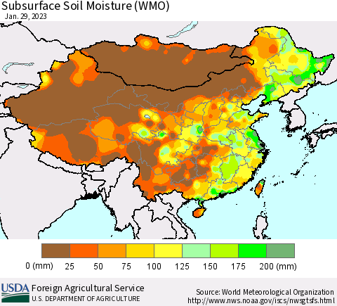 China, Mongolia and Taiwan Subsurface Soil Moisture (WMO) Thematic Map For 1/23/2023 - 1/29/2023