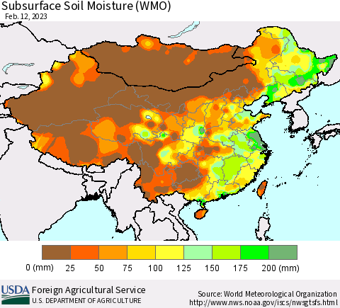 China, Mongolia and Taiwan Subsurface Soil Moisture (WMO) Thematic Map For 2/6/2023 - 2/12/2023