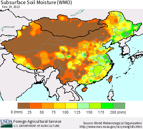 China, Mongolia and Taiwan Subsurface Soil Moisture (WMO) Thematic Map For 2/13/2023 - 2/19/2023