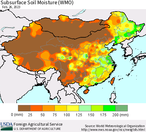 China, Mongolia and Taiwan Subsurface Soil Moisture (WMO) Thematic Map For 2/20/2023 - 2/26/2023
