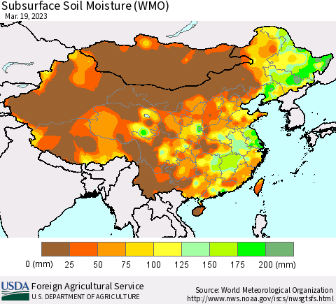 China, Mongolia and Taiwan Subsurface Soil Moisture (WMO) Thematic Map For 3/13/2023 - 3/19/2023