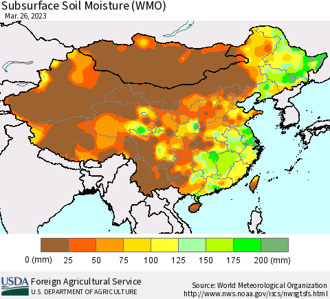 China, Mongolia and Taiwan Subsurface Soil Moisture (WMO) Thematic Map For 3/20/2023 - 3/26/2023