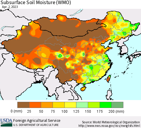China, Mongolia and Taiwan Subsurface Soil Moisture (WMO) Thematic Map For 3/27/2023 - 4/2/2023