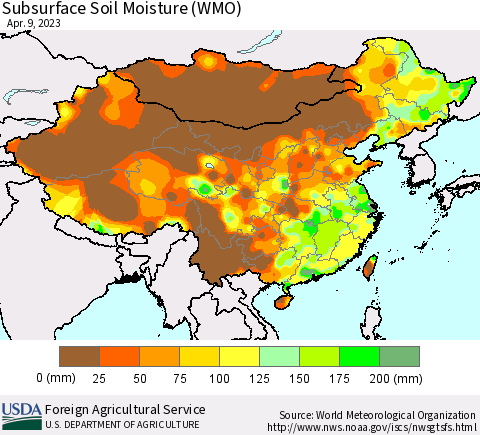 China, Mongolia and Taiwan Subsurface Soil Moisture (WMO) Thematic Map For 4/3/2023 - 4/9/2023