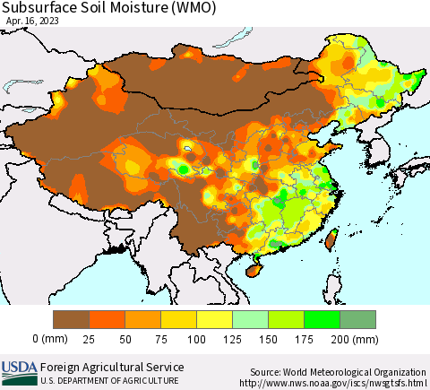 China, Mongolia and Taiwan Subsurface Soil Moisture (WMO) Thematic Map For 4/10/2023 - 4/16/2023