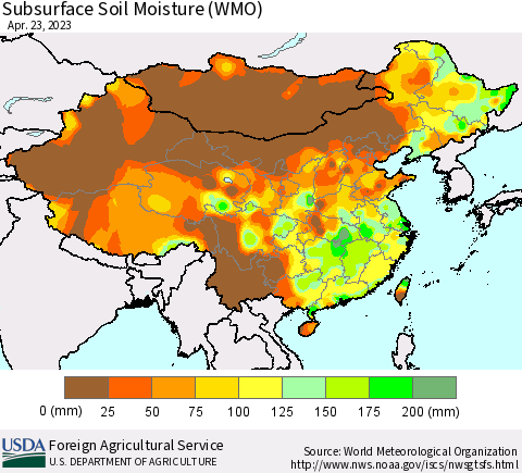 China, Mongolia and Taiwan Subsurface Soil Moisture (WMO) Thematic Map For 4/17/2023 - 4/23/2023