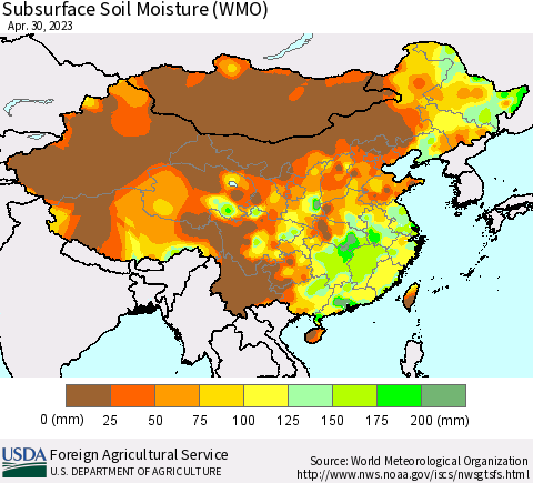 China, Mongolia and Taiwan Subsurface Soil Moisture (WMO) Thematic Map For 4/24/2023 - 4/30/2023