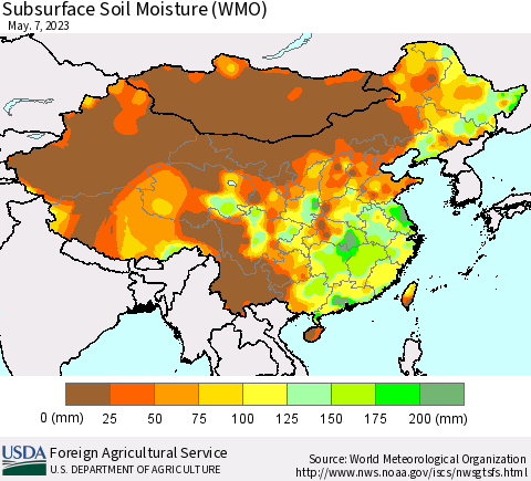 China, Mongolia and Taiwan Subsurface Soil Moisture (WMO) Thematic Map For 5/1/2023 - 5/7/2023
