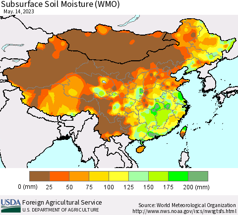 China, Mongolia and Taiwan Subsurface Soil Moisture (WMO) Thematic Map For 5/8/2023 - 5/14/2023