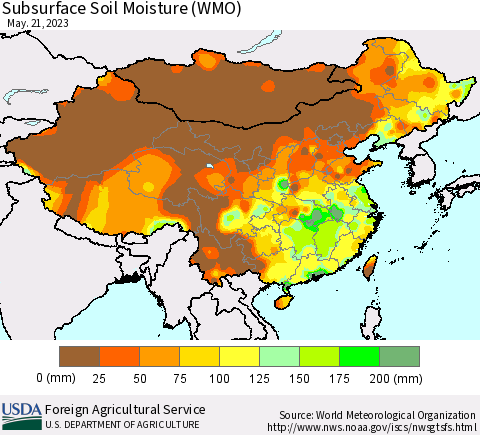 China, Mongolia and Taiwan Subsurface Soil Moisture (WMO) Thematic Map For 5/15/2023 - 5/21/2023