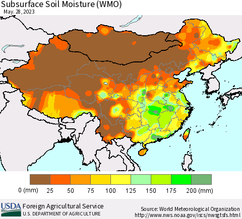 China, Mongolia and Taiwan Subsurface Soil Moisture (WMO) Thematic Map For 5/22/2023 - 5/28/2023