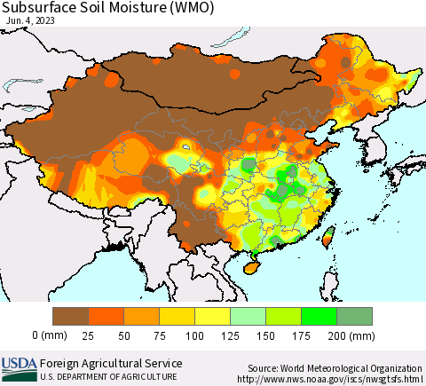 China, Mongolia and Taiwan Subsurface Soil Moisture (WMO) Thematic Map For 5/29/2023 - 6/4/2023