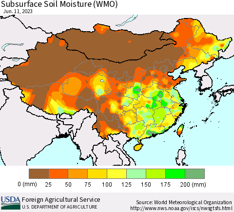 China, Mongolia and Taiwan Subsurface Soil Moisture (WMO) Thematic Map For 6/5/2023 - 6/11/2023