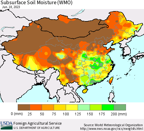 China, Mongolia and Taiwan Subsurface Soil Moisture (WMO) Thematic Map For 6/12/2023 - 6/18/2023