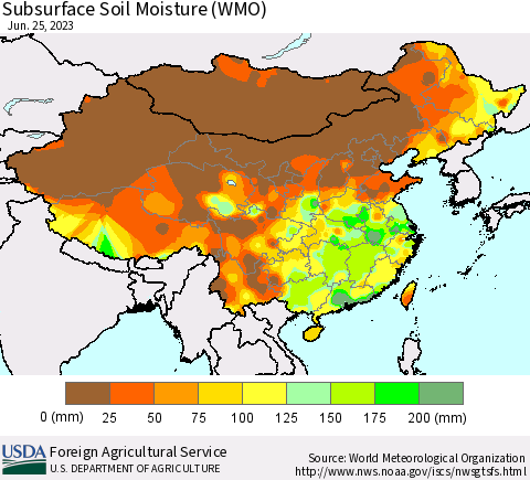 China, Mongolia and Taiwan Subsurface Soil Moisture (WMO) Thematic Map For 6/19/2023 - 6/25/2023
