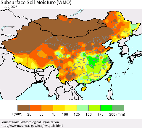China, Mongolia and Taiwan Subsurface Soil Moisture (WMO) Thematic Map For 6/26/2023 - 7/2/2023