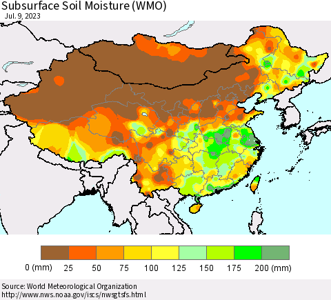 China, Mongolia and Taiwan Subsurface Soil Moisture (WMO) Thematic Map For 7/3/2023 - 7/9/2023