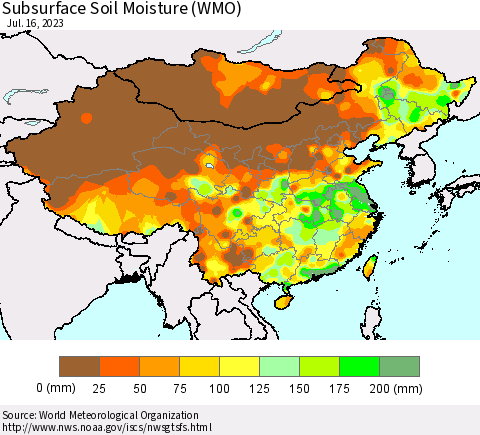 China, Mongolia and Taiwan Subsurface Soil Moisture (WMO) Thematic Map For 7/10/2023 - 7/16/2023