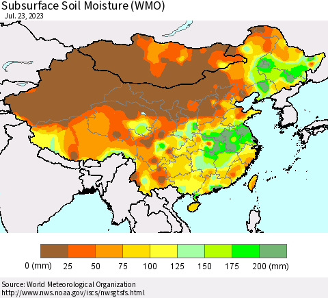 China, Mongolia and Taiwan Subsurface Soil Moisture (WMO) Thematic Map For 7/17/2023 - 7/23/2023