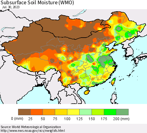 China, Mongolia and Taiwan Subsurface Soil Moisture (WMO) Thematic Map For 7/24/2023 - 7/30/2023