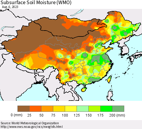 China, Mongolia and Taiwan Subsurface Soil Moisture (WMO) Thematic Map For 7/31/2023 - 8/6/2023