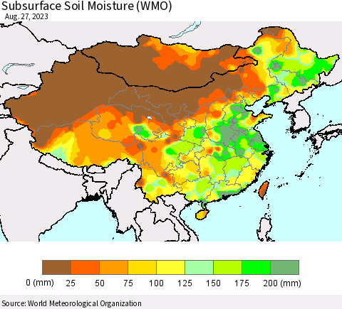 China, Mongolia and Taiwan Subsurface Soil Moisture (WMO) Thematic Map For 8/21/2023 - 8/27/2023