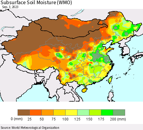 China, Mongolia and Taiwan Subsurface Soil Moisture (WMO) Thematic Map For 8/28/2023 - 9/3/2023