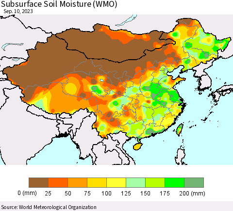 China, Mongolia and Taiwan Subsurface Soil Moisture (WMO) Thematic Map For 9/4/2023 - 9/10/2023
