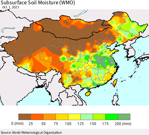 China, Mongolia and Taiwan Subsurface Soil Moisture (WMO) Thematic Map For 9/25/2023 - 10/1/2023
