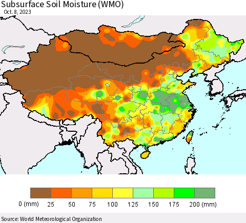 China, Mongolia and Taiwan Subsurface Soil Moisture (WMO) Thematic Map For 10/2/2023 - 10/8/2023