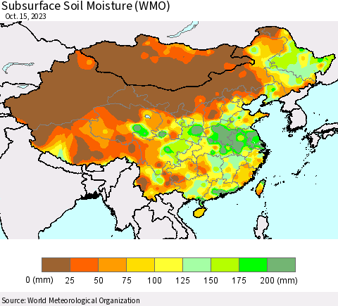 China, Mongolia and Taiwan Subsurface Soil Moisture (WMO) Thematic Map For 10/9/2023 - 10/15/2023
