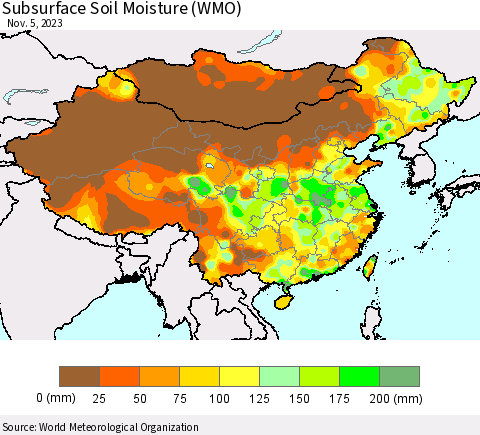 China, Mongolia and Taiwan Subsurface Soil Moisture (WMO) Thematic Map For 10/30/2023 - 11/5/2023