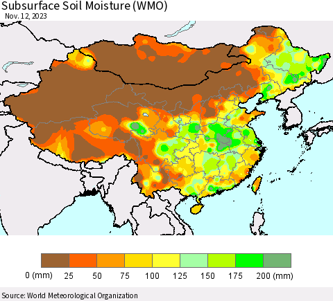 China, Mongolia and Taiwan Subsurface Soil Moisture (WMO) Thematic Map For 11/6/2023 - 11/12/2023